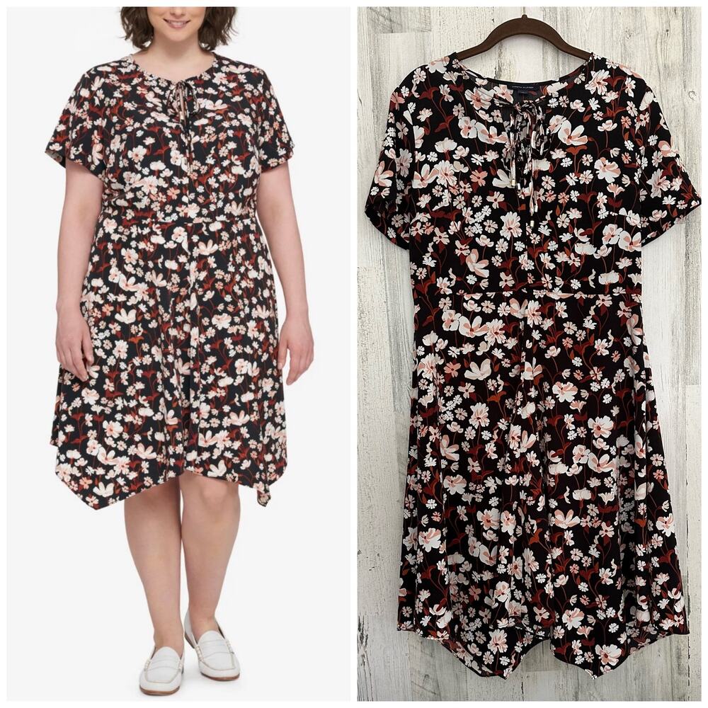 Tommy Hilfiger Brookshire Floral Womens Midi Dress Size 10‎ Handkerchief Hem